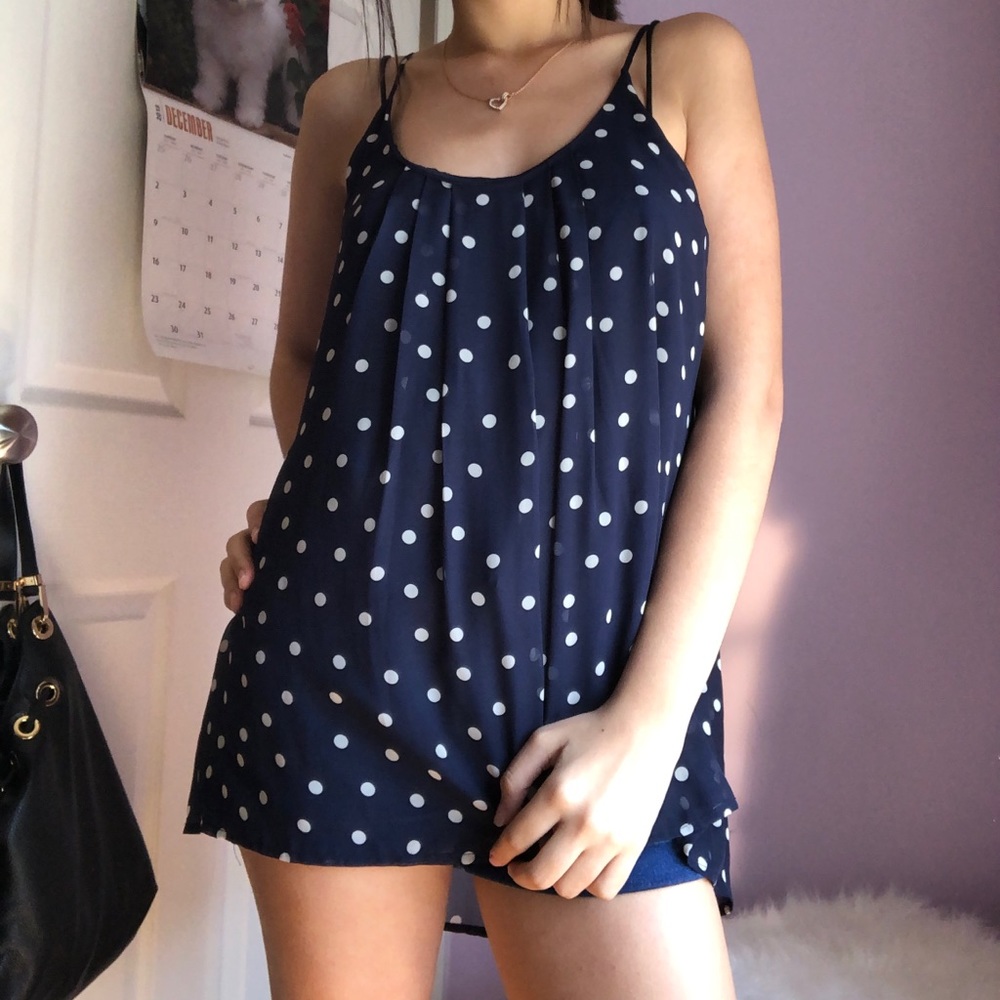 navy blue & white polka dot top